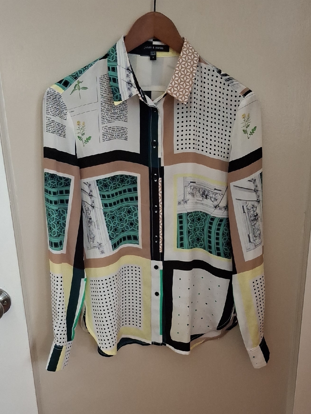 Judith & Charles Silk Multicolor Patchwork Print Long-Sleeve Button-Down Shirt_1